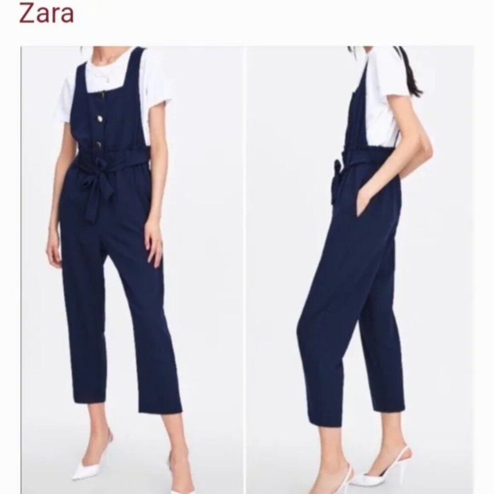 Zara Backless Overall X Strap Navy Blue Nautical Belted Jumpsuit Gold Buttons